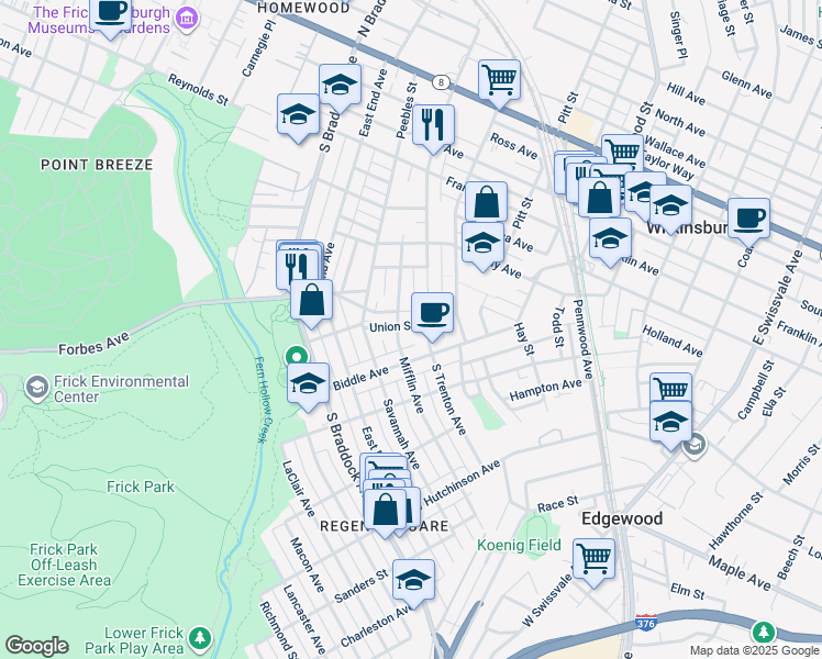 map of restaurants, bars, coffee shops, grocery stores, and more near 234 Union Street in Pittsburgh