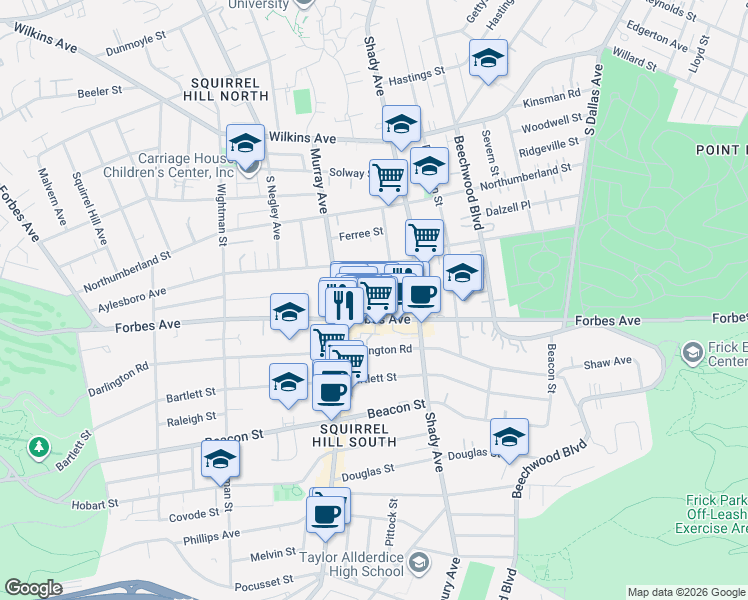 map of restaurants, bars, coffee shops, grocery stores, and more near 5839 Forbes Avenue in Pittsburgh