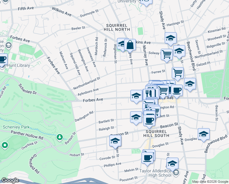 map of restaurants, bars, coffee shops, grocery stores, and more near 5606 Marlborough Road in Pittsburgh