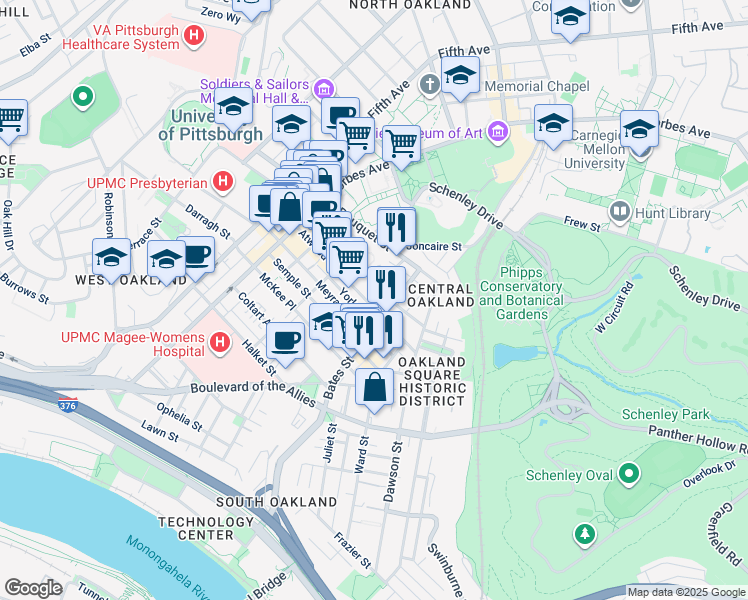 map of restaurants, bars, coffee shops, grocery stores, and more near 356 Atwood Street in Pittsburgh