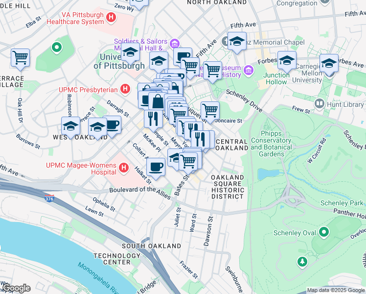 map of restaurants, bars, coffee shops, grocery stores, and more near in Pittsburgh