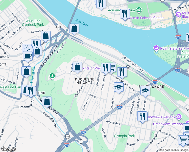 map of restaurants, bars, coffee shops, grocery stores, and more near 233 Edith Street in Pittsburgh