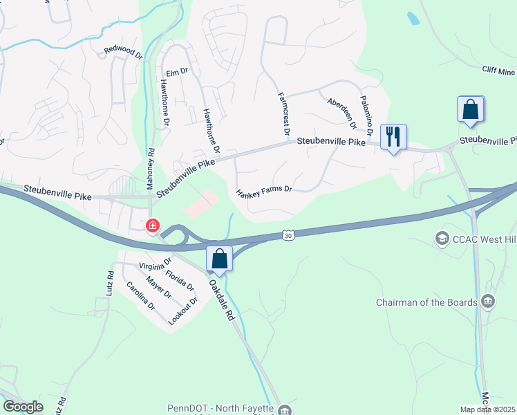 map of restaurants, bars, coffee shops, grocery stores, and more near 203 Chestershire Dr in Oakdale