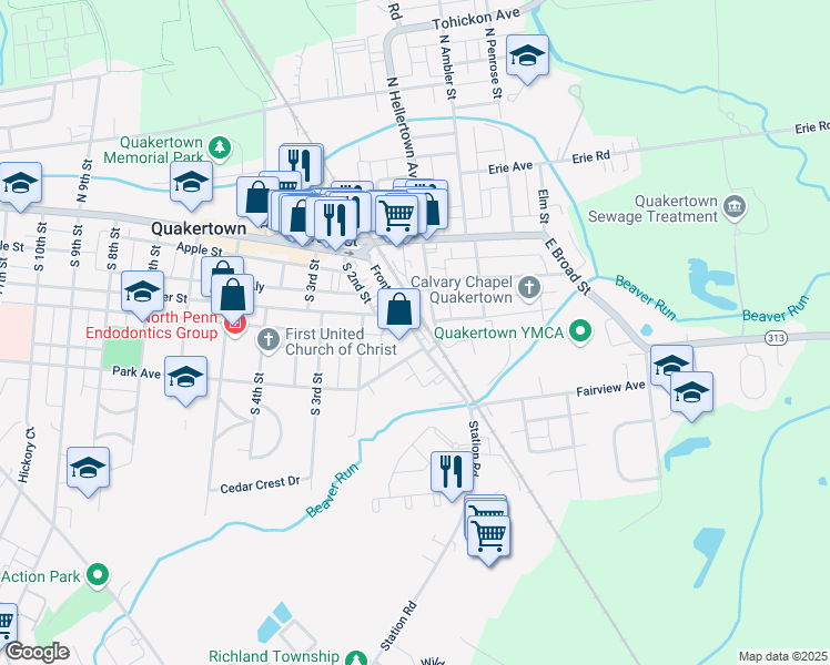 map of restaurants, bars, coffee shops, grocery stores, and more near 149 Front Street in Quakertown