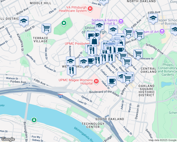 map of restaurants, bars, coffee shops, grocery stores, and more near 3343 Forbes Avenue in Pittsburgh