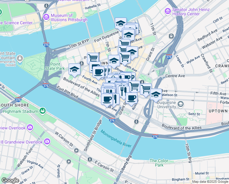 map of restaurants, bars, coffee shops, grocery stores, and more near Fourth Avenue in Pittsburgh