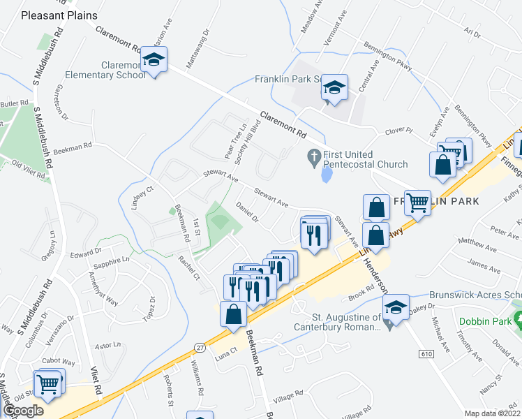 map of restaurants, bars, coffee shops, grocery stores, and more near 16 Kirby Lane in Franklin Township