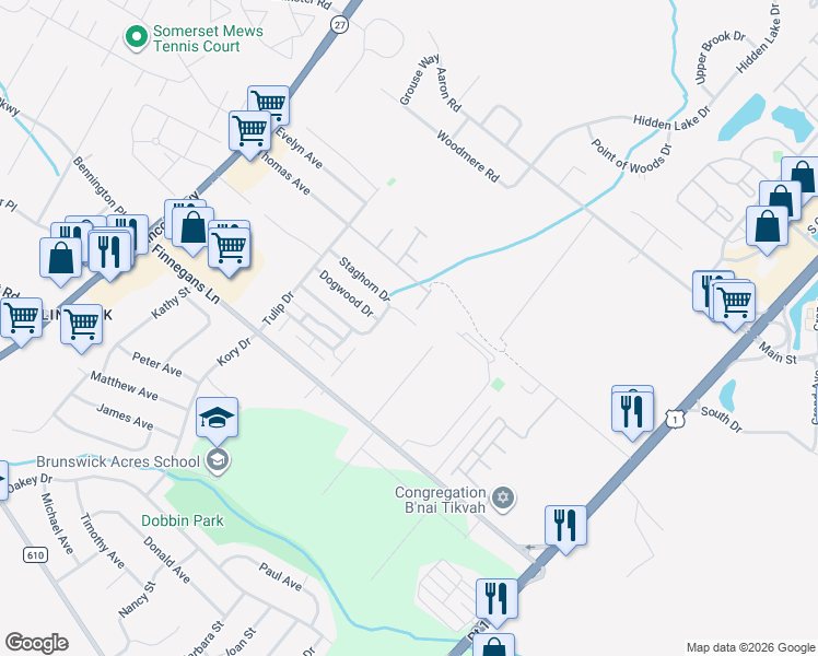 map of restaurants, bars, coffee shops, grocery stores, and more near 1126 Staghorn Drive in North Brunswick Township