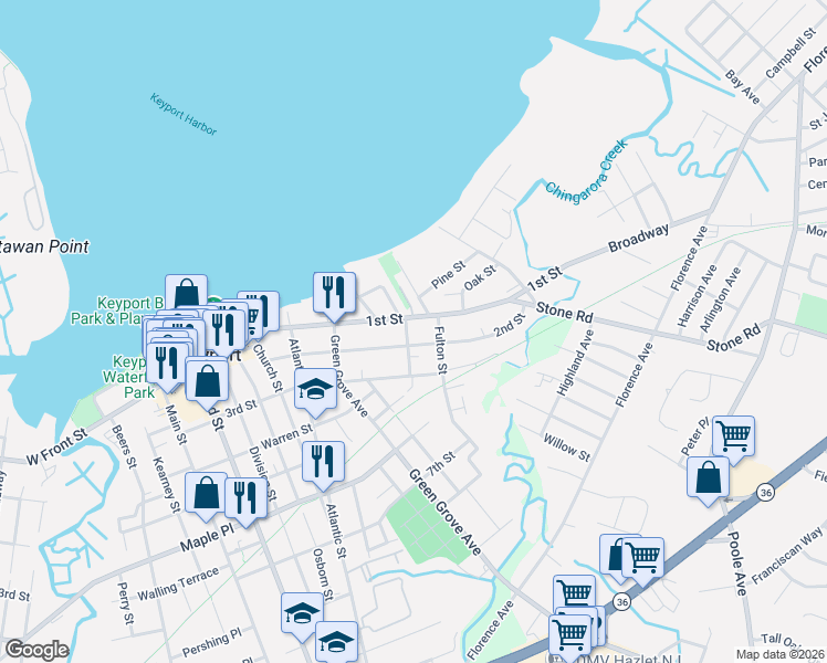map of restaurants, bars, coffee shops, grocery stores, and more near 20 Waverly Street in Keyport