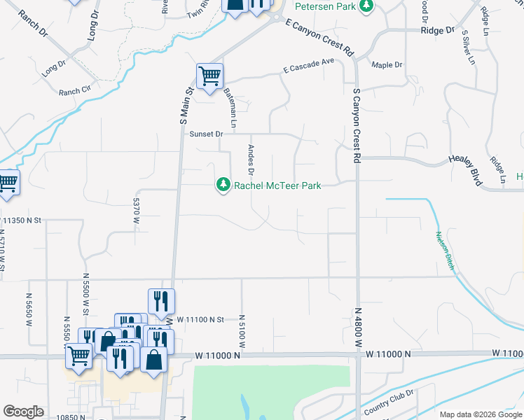 map of restaurants, bars, coffee shops, grocery stores, and more near 5046 West Jonathon Road in Highland