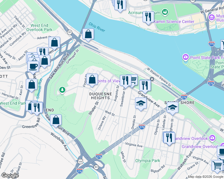 map of restaurants, bars, coffee shops, grocery stores, and more near 233 Edith Street in Pittsburgh