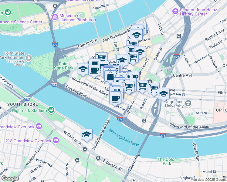 map of restaurants, bars, coffee shops, grocery stores, and more near 319 Third Avenue in Pittsburgh