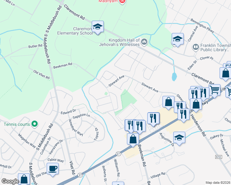 map of restaurants, bars, coffee shops, grocery stores, and more near 39 Townsend Court in Franklin Township
