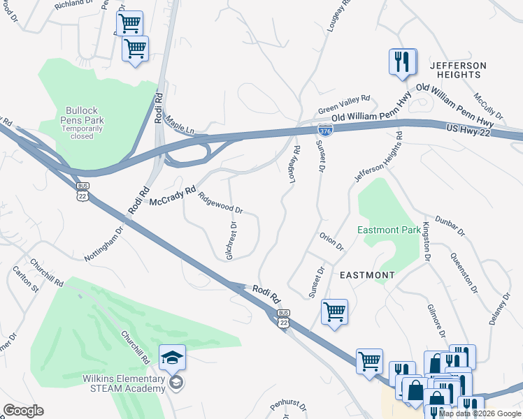 map of restaurants, bars, coffee shops, grocery stores, and more near 3556 Ridgewood Drive in Pittsburgh