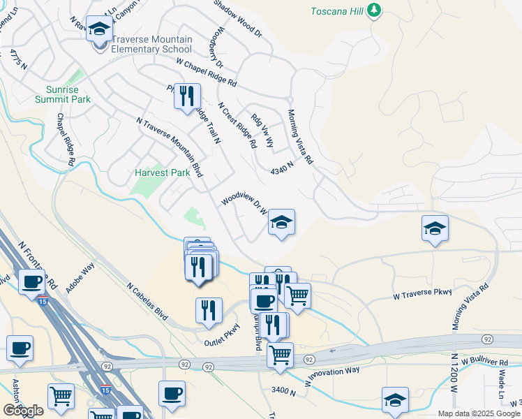 map of restaurants, bars, coffee shops, grocery stores, and more near Woodview Drive West in Lehi