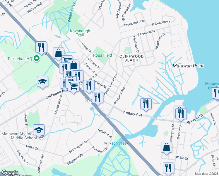 map of restaurants, bars, coffee shops, grocery stores, and more near 675 Shore Concourse in Keyport