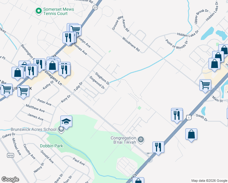 map of restaurants, bars, coffee shops, grocery stores, and more near 1126 Staghorn Drive in North Brunswick Township