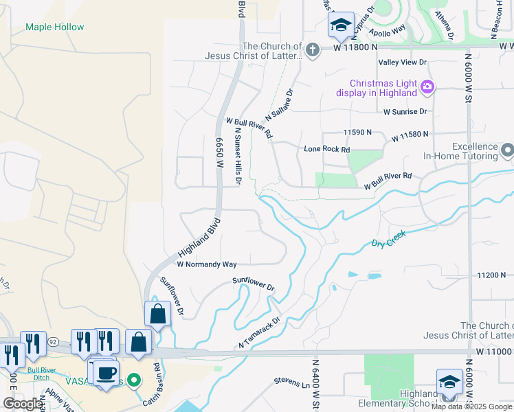 map of restaurants, bars, coffee shops, grocery stores, and more near 6602 West Normandy Way in Highland