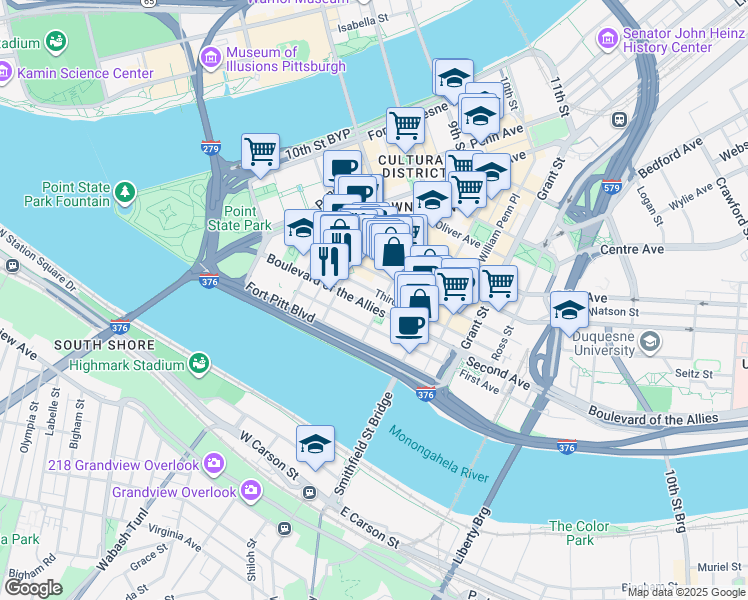 map of restaurants, bars, coffee shops, grocery stores, and more near 201 Wood Street in Pittsburgh