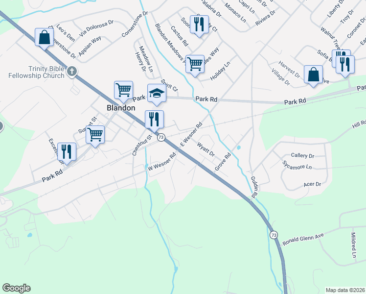 map of restaurants, bars, coffee shops, grocery stores, and more near 428 Main Street in Blandon