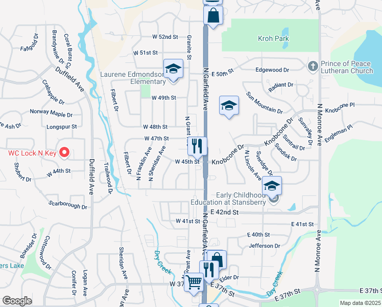 map of restaurants, bars, coffee shops, grocery stores, and more near 115 West 45th Street in Loveland