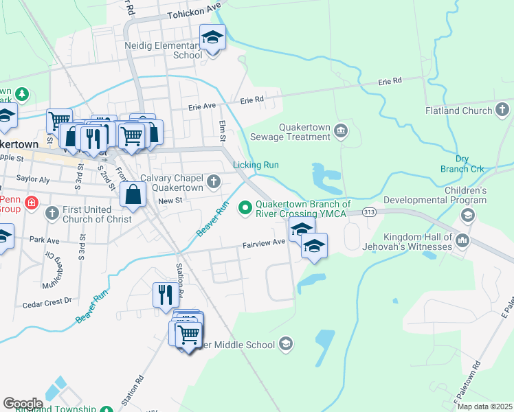 map of restaurants, bars, coffee shops, grocery stores, and more near 630 East Broad Street in Quakertown