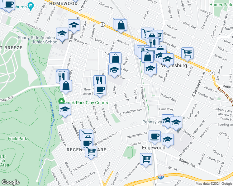 map of restaurants, bars, coffee shops, grocery stores, and more near 446 Biddle Avenue in Pittsburgh