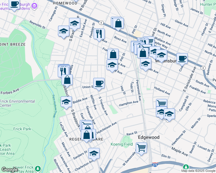 map of restaurants, bars, coffee shops, grocery stores, and more near 415 Biddle Avenue in Pittsburgh