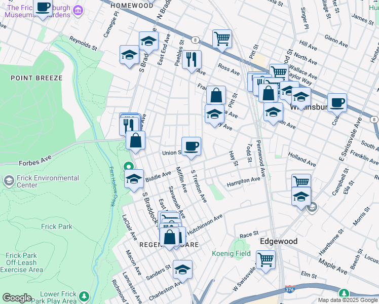 map of restaurants, bars, coffee shops, grocery stores, and more near 234 Union Street in Pittsburgh