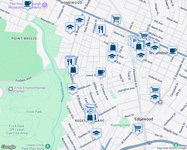 map of restaurants, bars, coffee shops, grocery stores, and more near 234 Union Street in Pittsburgh