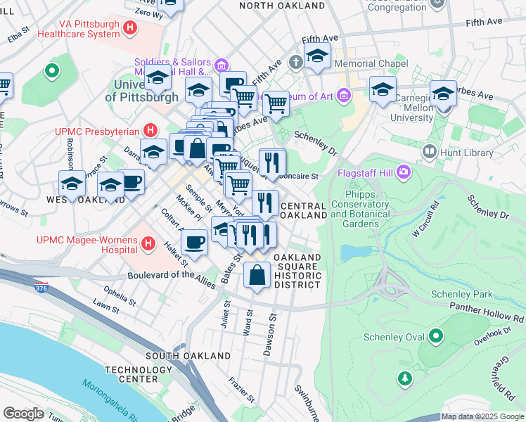 map of restaurants, bars, coffee shops, grocery stores, and more near 356 Atwood Street in Pittsburgh