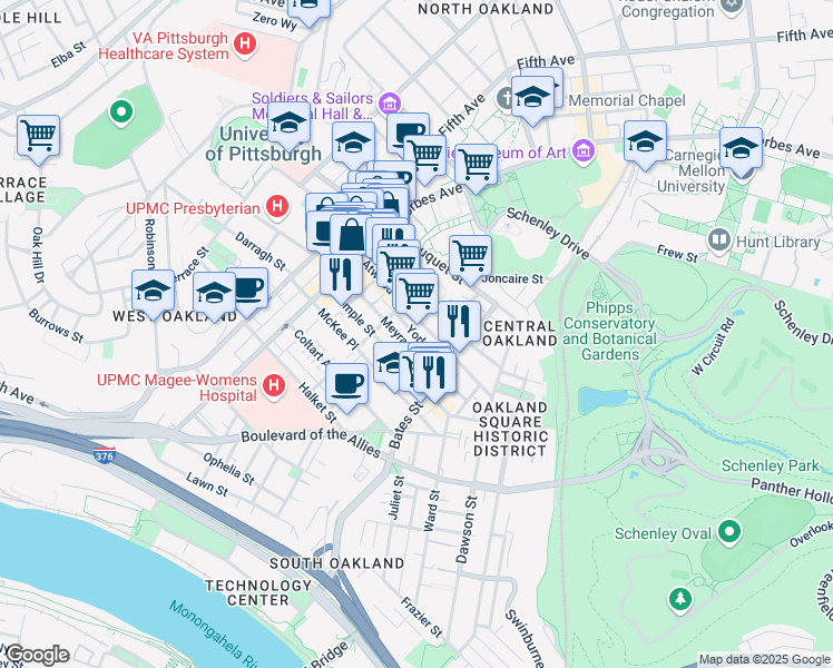 map of restaurants, bars, coffee shops, grocery stores, and more near in Pittsburgh