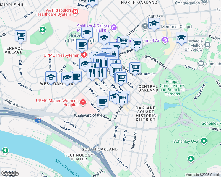 map of restaurants, bars, coffee shops, grocery stores, and more near 299 McKee Place in Pittsburgh