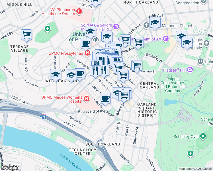 map of restaurants, bars, coffee shops, grocery stores, and more near 299 McKee Place in Pittsburgh