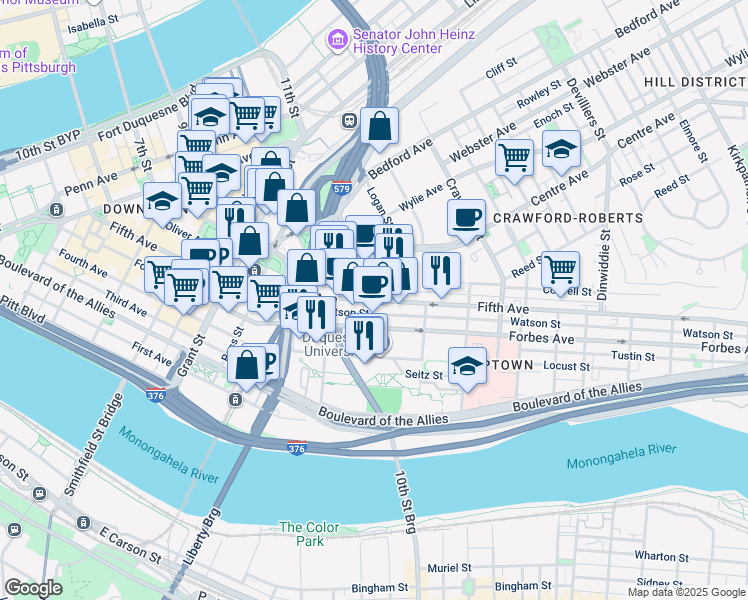 map of restaurants, bars, coffee shops, grocery stores, and more near 1008 Fifth Avenue in Pittsburgh