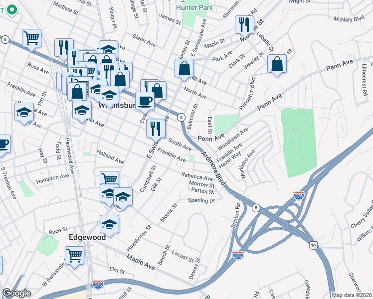 map of restaurants, bars, coffee shops, grocery stores, and more near 703 Elvia Way in Pittsburgh