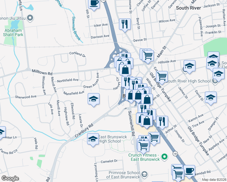 map of restaurants, bars, coffee shops, grocery stores, and more near 42 Harvey Circle in East Brunswick
