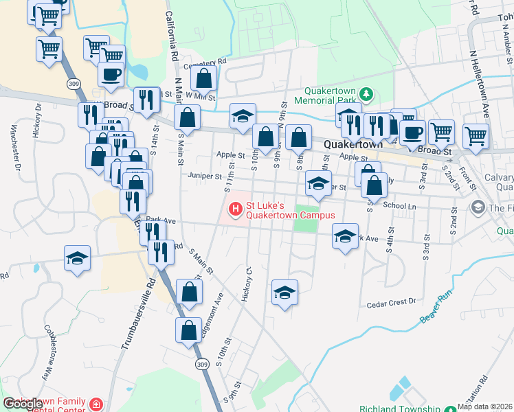 map of restaurants, bars, coffee shops, grocery stores, and more near 137 South 10th Street in Quakertown