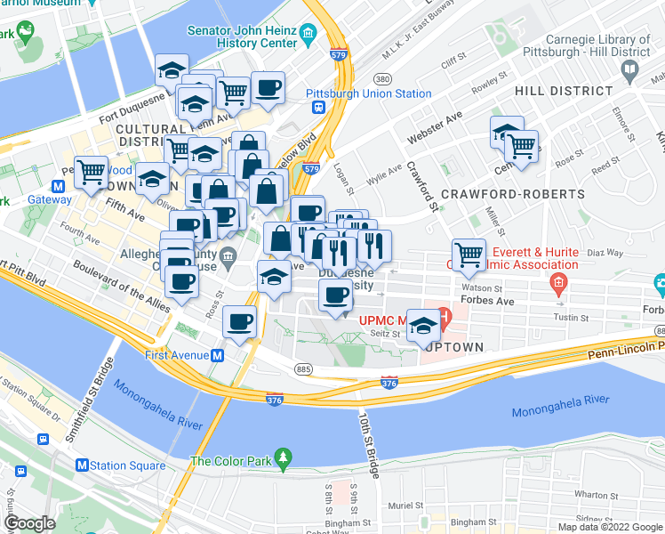 map of restaurants, bars, coffee shops, grocery stores, and more near Fifth Ave & Washington Pl in Pittsburgh