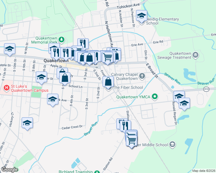 map of restaurants, bars, coffee shops, grocery stores, and more near 125 South 2nd Street in Quakertown