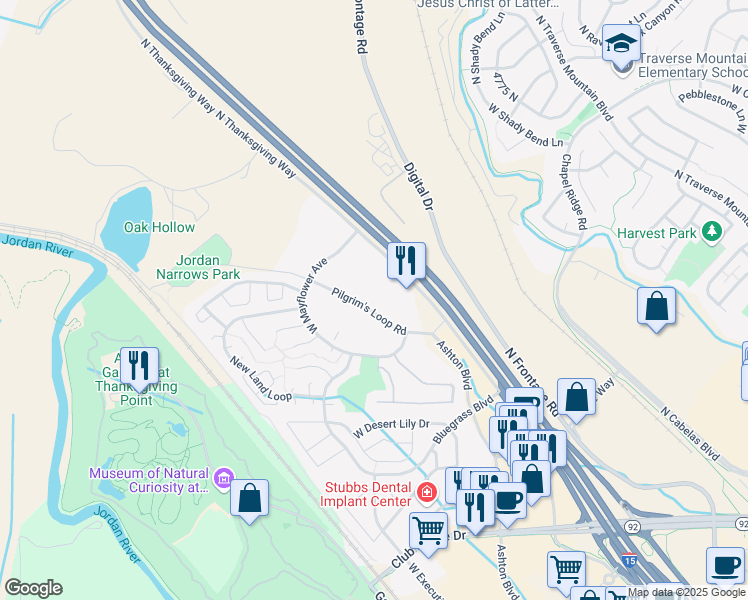 map of restaurants, bars, coffee shops, grocery stores, and more near 3300 Pilgrim's Loop Road in Lehi