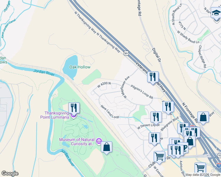map of restaurants, bars, coffee shops, grocery stores, and more near 3546 New Land Loop in Lehi