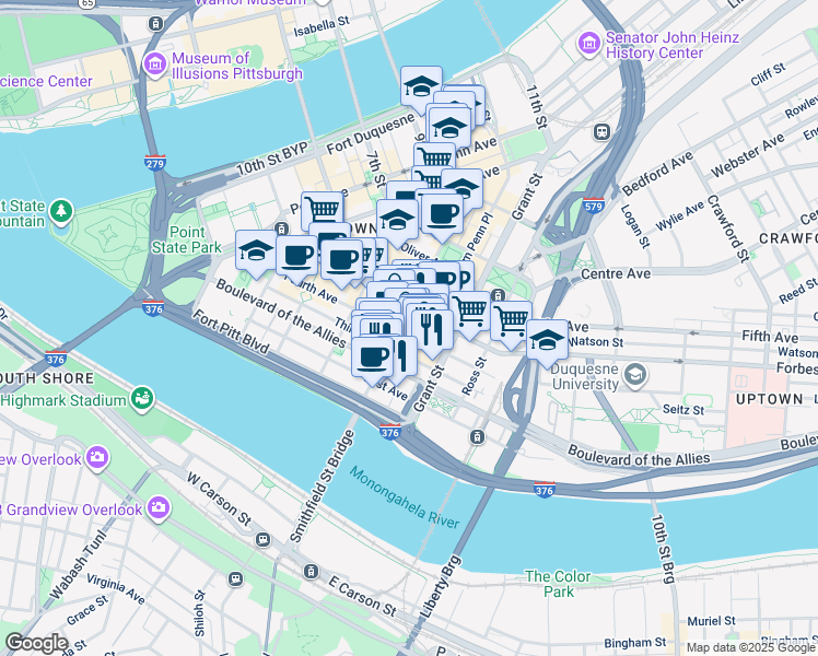 map of restaurants, bars, coffee shops, grocery stores, and more near 301 Grant Street in Pittsburgh