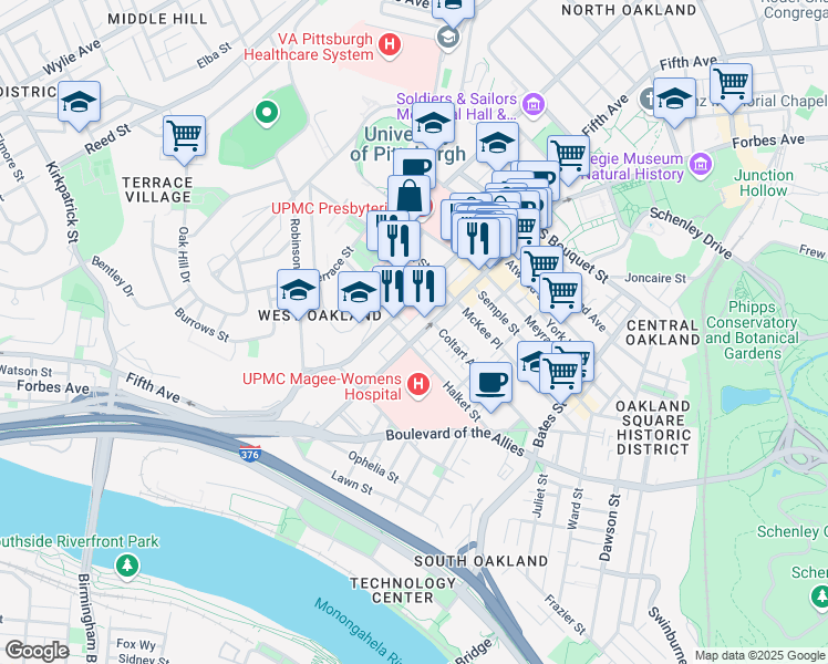 map of restaurants, bars, coffee shops, grocery stores, and more near 3407 Forbes Avenue in Pittsburgh