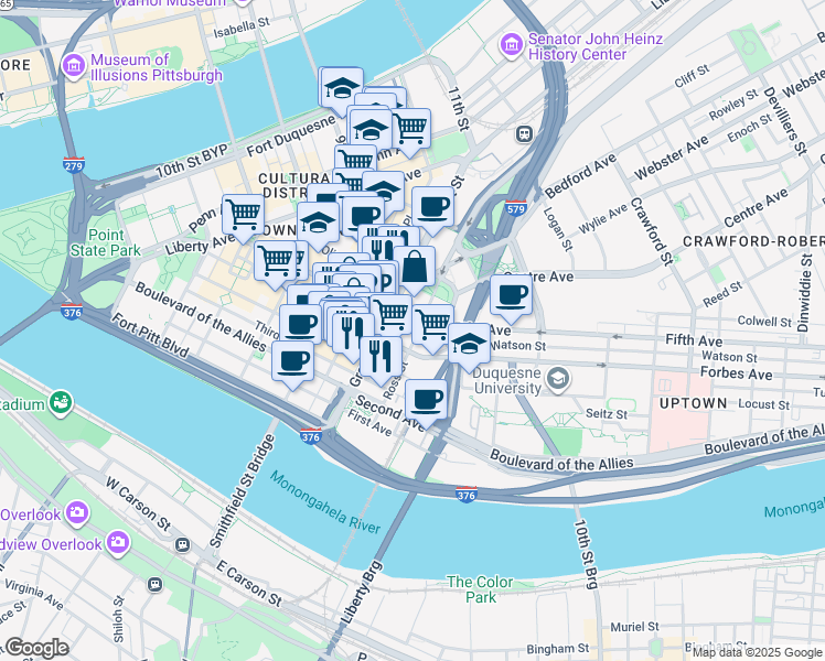 map of restaurants, bars, coffee shops, grocery stores, and more near 436 Grant Street in Pittsburgh