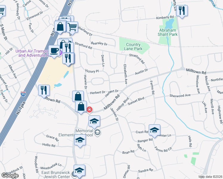 map of restaurants, bars, coffee shops, grocery stores, and more near 76 Herbert Drive in East Brunswick