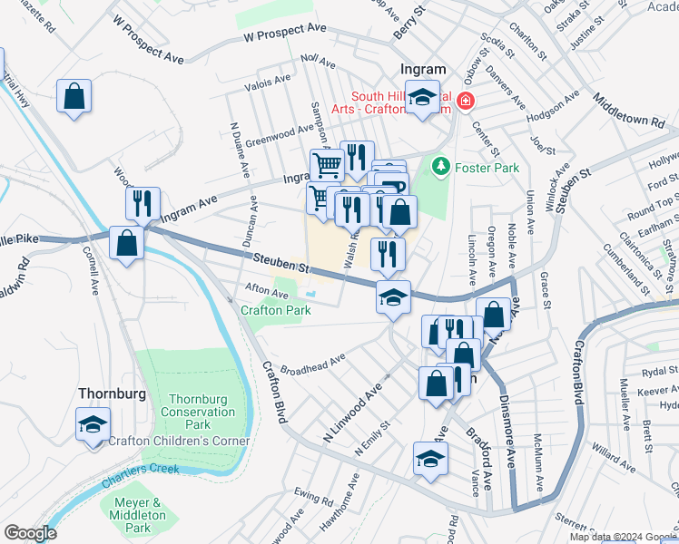 map of restaurants, bars, coffee shops, grocery stores, and more near 102 West Steuben Street in Pittsburgh