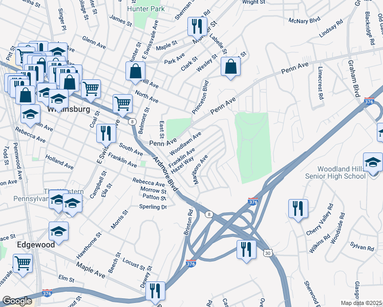 map of restaurants, bars, coffee shops, grocery stores, and more near 1332 Franklin Avenue in Pittsburgh