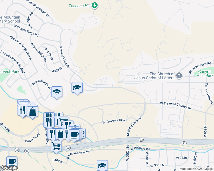 map of restaurants, bars, coffee shops, grocery stores, and more near 1400 Morning Vista Road in Lehi