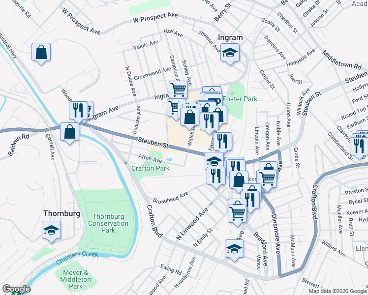 map of restaurants, bars, coffee shops, grocery stores, and more near 104 West Steuben Street in Crafton